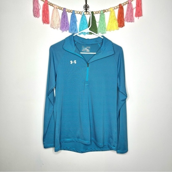 Under Armour Blue Stripe Pullover 1/4 Zip Long Sleeve Loose Coupe Athletic Top - Picture 10 of 12